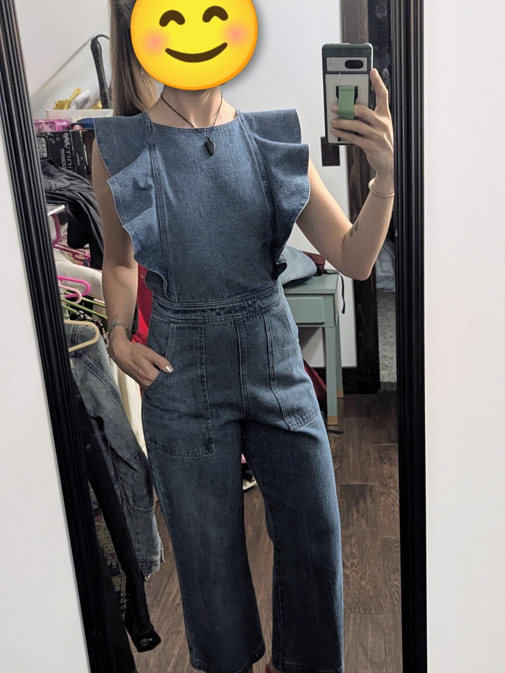 Sugarlips Dark Blue Denim Ruffle-Shoulder Jumpsuit
